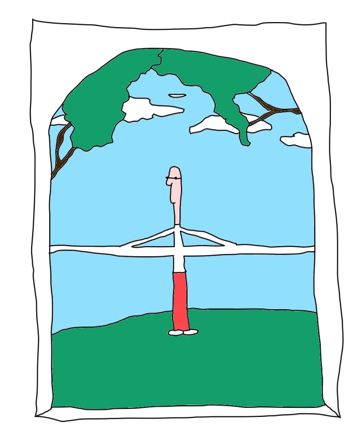 A slender figure in a white top and red trousers stretches unusually long arms across a blue background, framed by green tree branches and white borders.