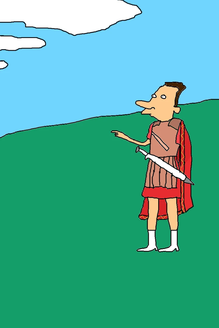 A figure in brown armour and a red cape points across a green hillside, with a long silver sword angled across the waist beneath a blue sky.