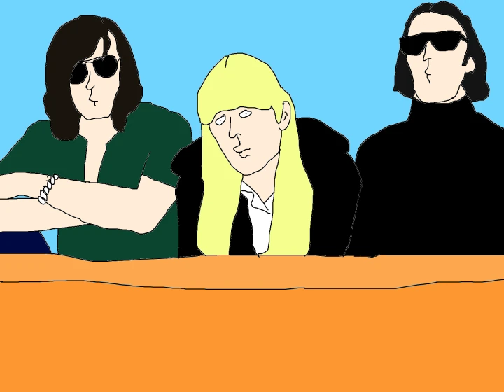 Three long-haired figures sit behind an orange table against blue; the two outer figures wear dark sunglasses.