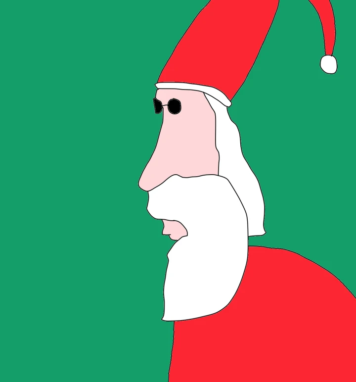 A white-bearded figure with round black sunglasses wears a tall red hat and red clothing, shown in profile against a flat green background.