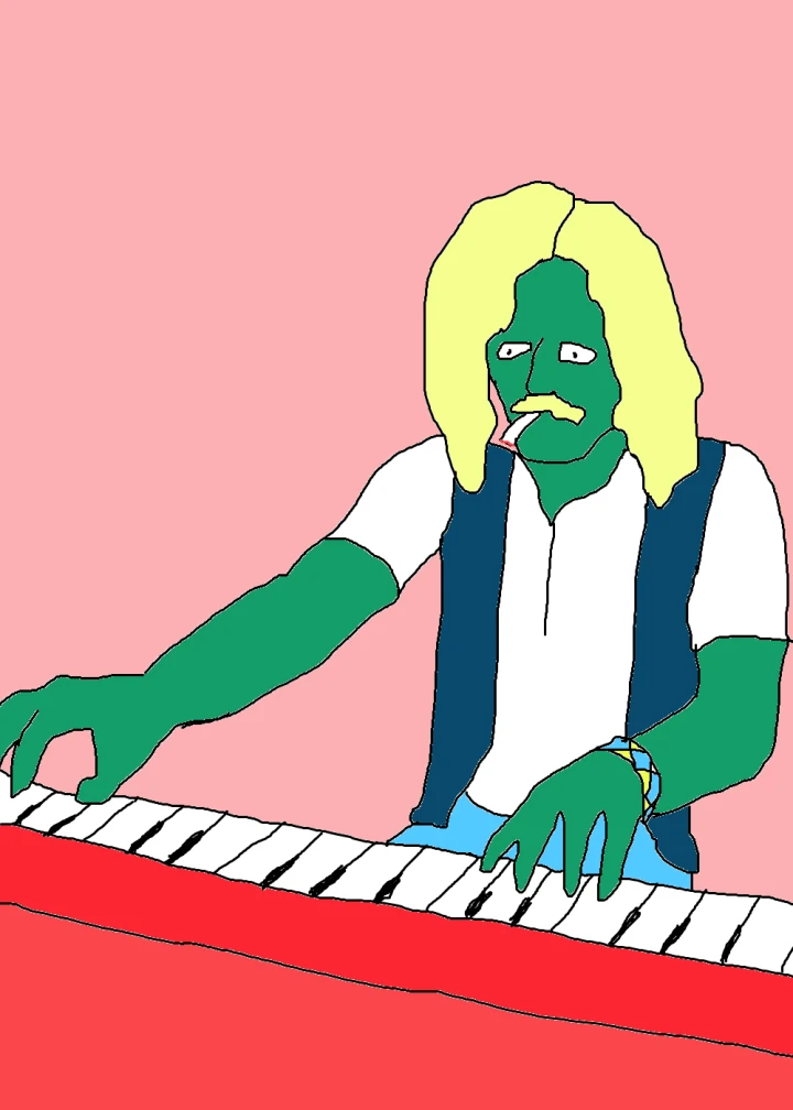 A green figure with long blond hair and a moustache plays a red keyboard, wearing a white shirt and dark blue waistcoat against pink.