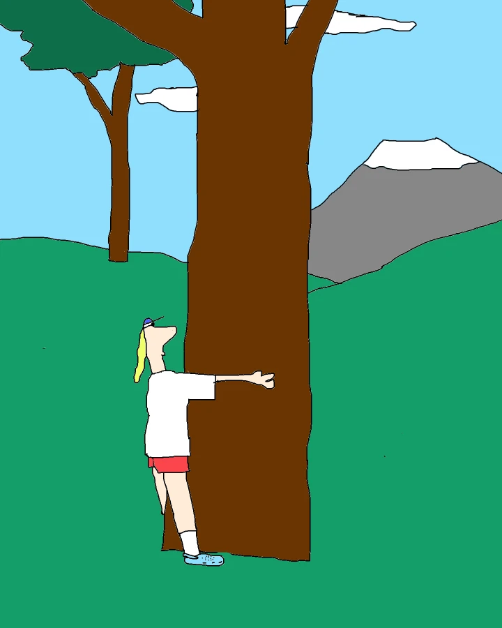 A figure in a cap, white shirt and red shorts wraps their arms around a broad tree trunk, with green hills and a snowy peak behind.