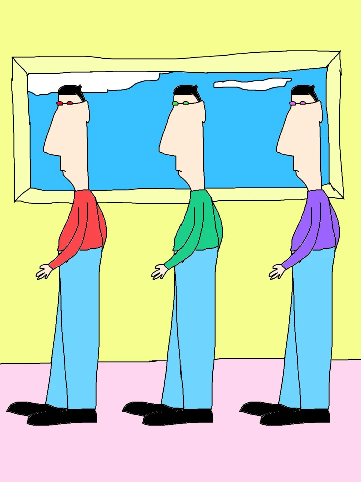Three nearly identical black-haired figures stand in a row, wearing red, green and purple tops with matching glasses and blue trousers beneath a wide window.