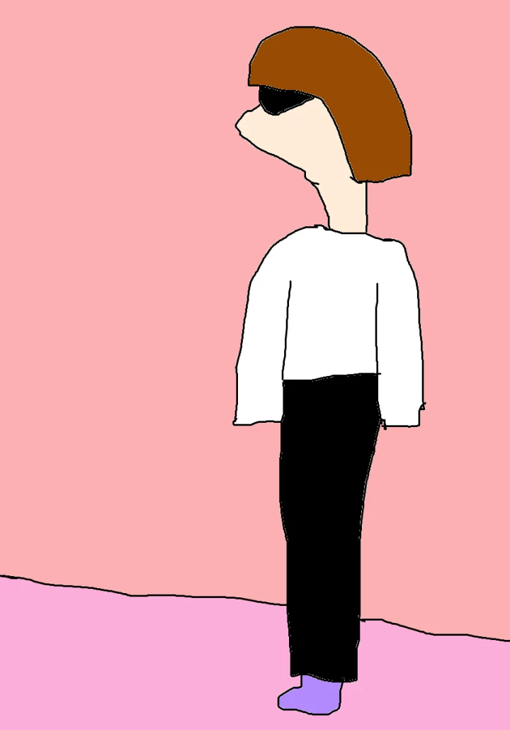 A figure with a brown bob and black sunglasses wears a white top, long black trousers and purple footwear against two shades of pink.